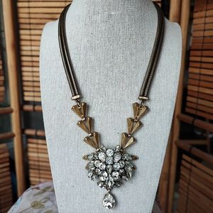 J. Crew Art Deco Revival Brass Tone Clear Stone Statement Runway Necklace